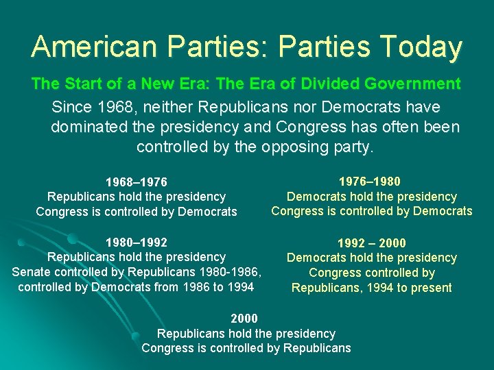 American Parties: Parties Today The Start of a New Era: The Era of Divided