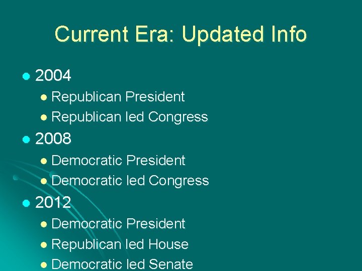 Current Era: Updated Info l 2004 l Republican President l Republican led Congress l