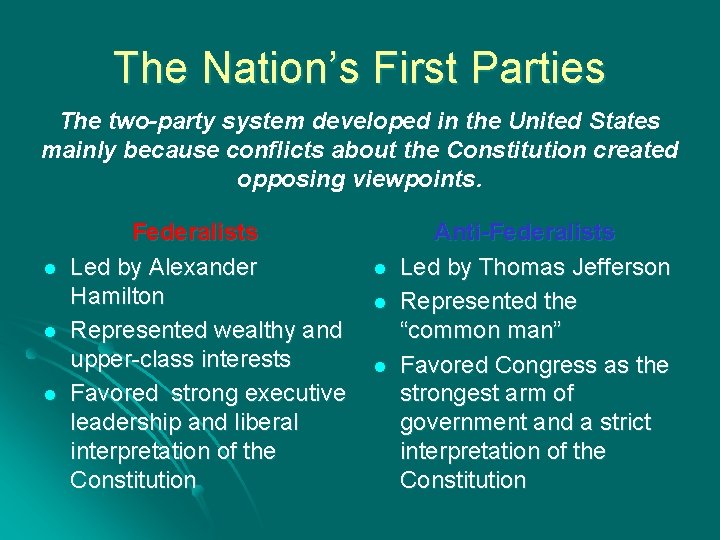 The Nation’s First Parties The two-party system developed in the United States mainly because