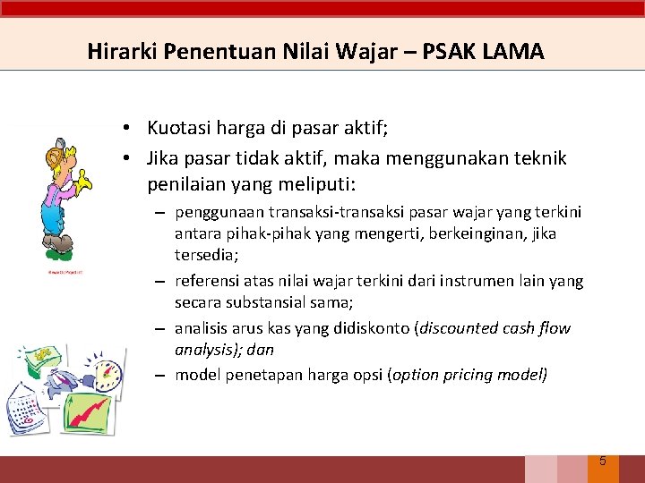 Hirarki Penentuan Nilai Wajar – PSAK LAMA • Kuotasi harga di pasar aktif; •