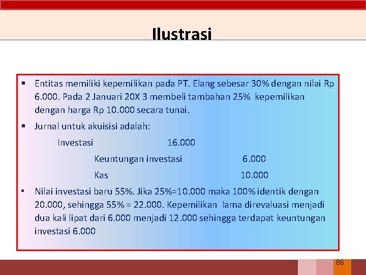 Ilustrasi § Entitas memiliki kepemilikan pada PT. Elang sebesar 30% dengan nilai Rp 6.