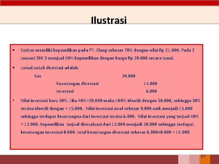 Ilustrasi § Entitas memiliki kepemilikan pada PT. Elang sebesar 70% dengan nilai Rp 21.