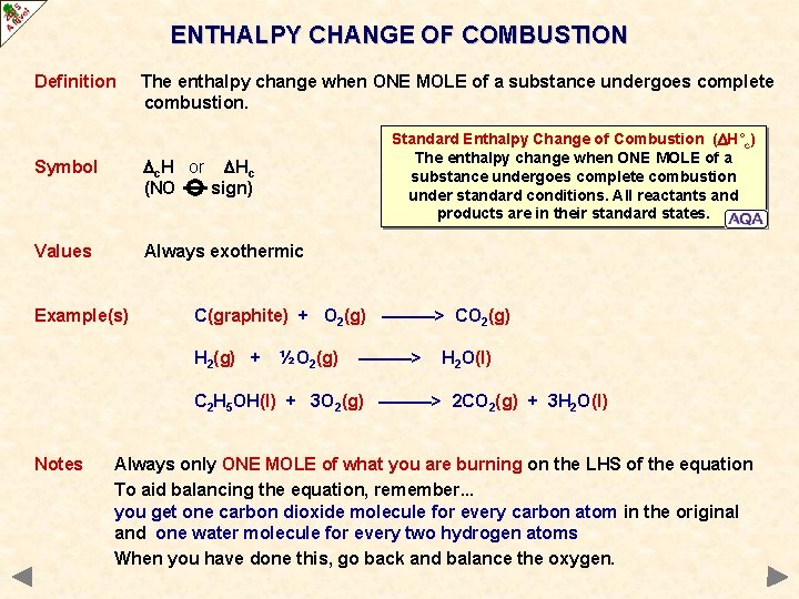 ENTHALPY CHANGE OF COMBUSTION Definition The enthalpy change when ONE MOLE of a substance