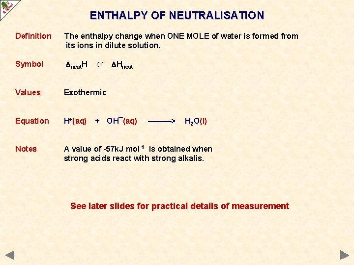 ENTHALPY OF NEUTRALISATION Definition The enthalpy change when ONE MOLE of water is formed