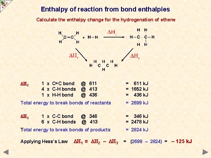 Enthalpy of reaction from bond enthalpies Calculate the enthalpy change for the hydrogenation of