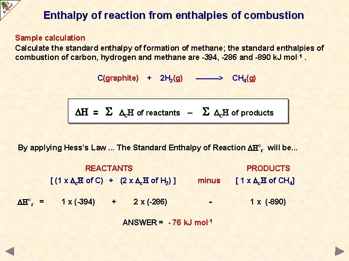 Enthalpy of reaction from enthalpies of combustion Sample calculation Calculate the standard enthalpy of