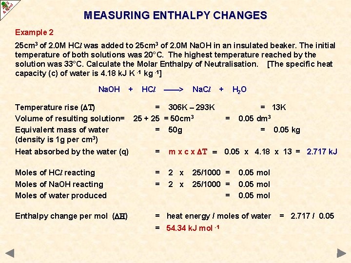 MEASURING ENTHALPY CHANGES Example 2 25 cm 3 of 2. 0 M HCl was