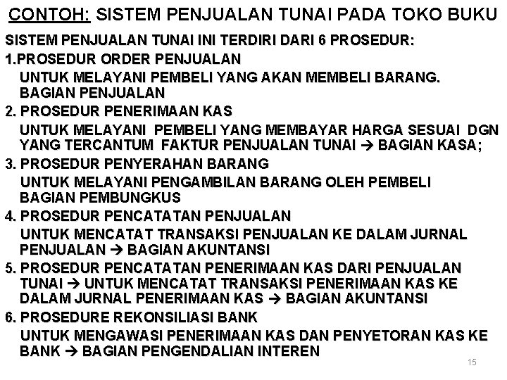 CONTOH: SISTEM PENJUALAN TUNAI PADA TOKO BUKU SISTEM PENJUALAN TUNAI INI TERDIRI DARI 6