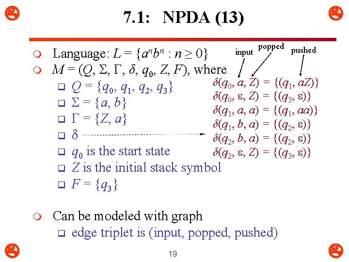  m m m 7. 1: NPDA (13) {anbn popped pushed Language: L =