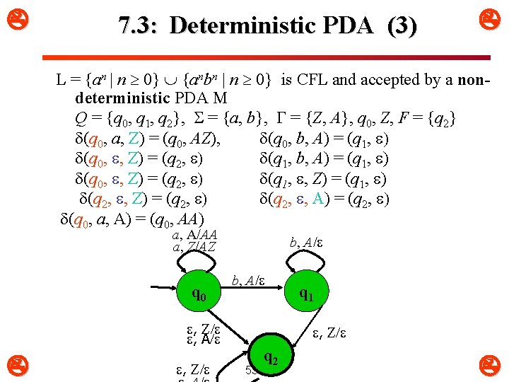  7. 3: Deterministic PDA (3) L = {an | n 0} {anbn |