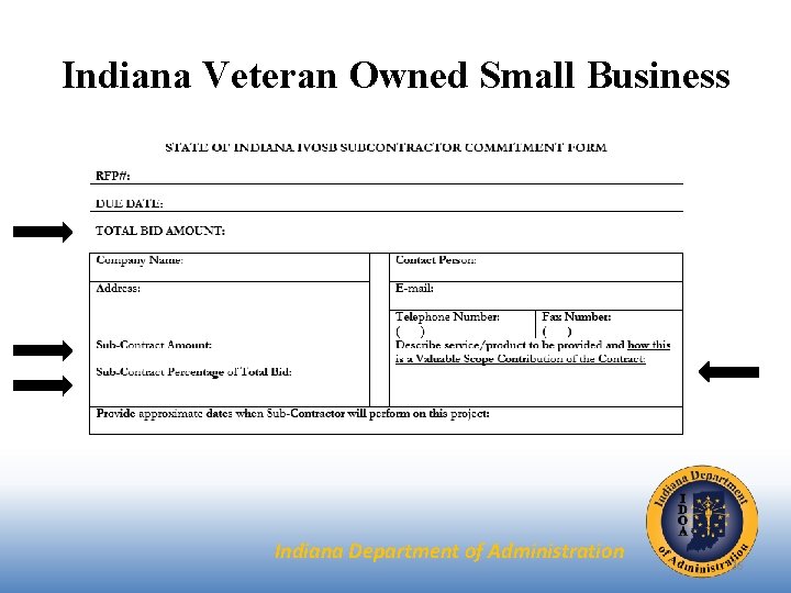 Indiana Veteran Owned Small Business Indiana Department of Administration 26 Indiana Veteran Owned Small Business Indiana Department of Administration 26