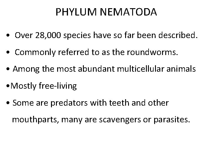 PHYLUM NEMATODA • Over 28, 000 species have so far been described. • Commonly
