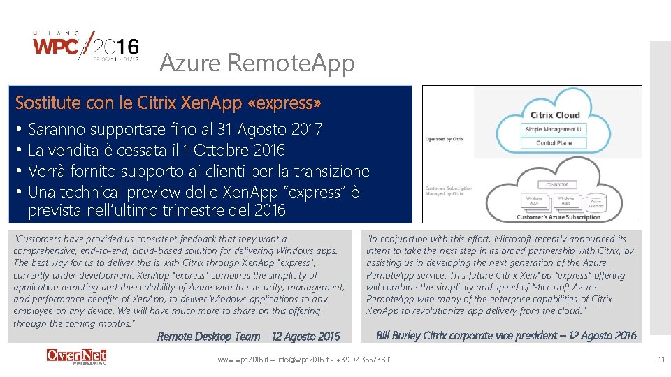 Azure Remote. App Sostitute con le Citrix Xen. App «express» • • Saranno supportate