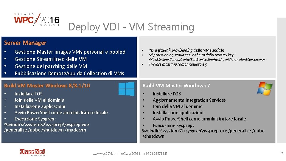 Deploy VDI - VM Streaming Server Manager • • Gestione Master images VMs personal