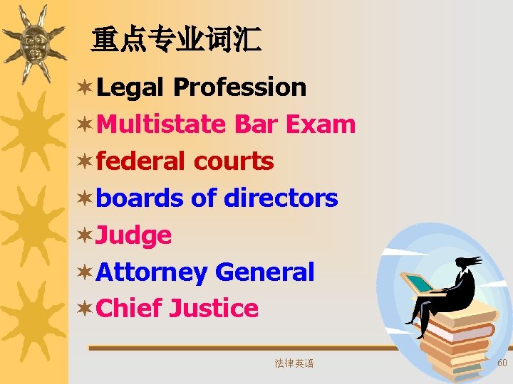 重点专业词汇 ¬Legal Profession ¬Multistate Bar Exam ¬federal courts ¬boards of directors ¬Judge ¬Attorney General