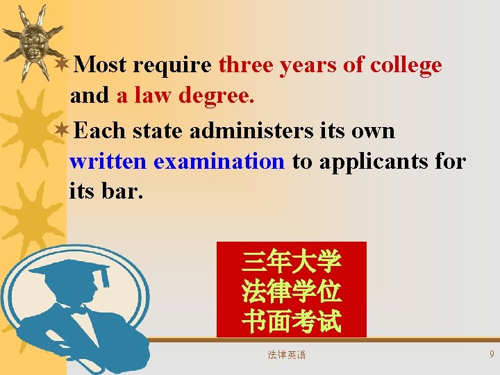 ¬Most require three years of college and a law degree. ¬Each state administers its