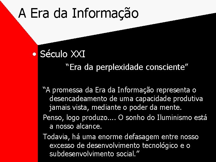 A Era da Informação • Século XXI “Era da perplexidade consciente” “A promessa da