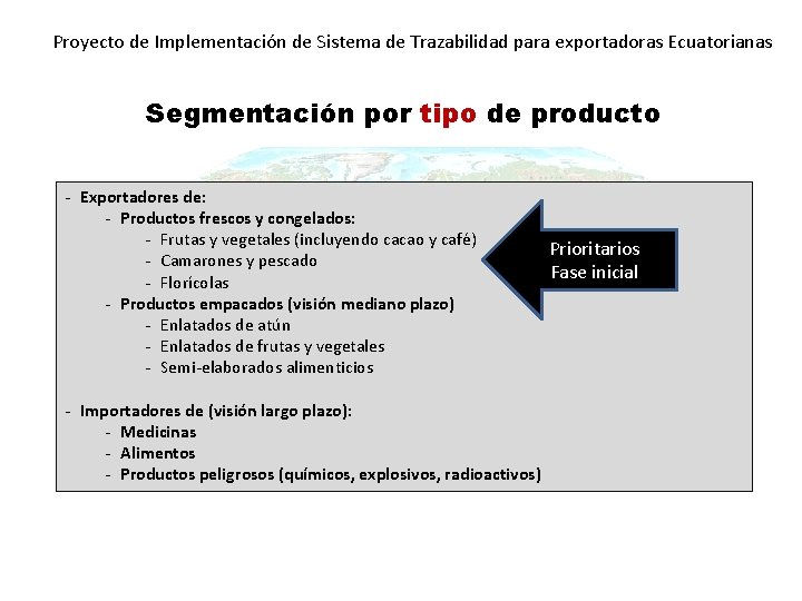Proyecto de Implementación de Sistema de Trazabilidad para exportadoras Ecuatorianas Segmentación por tipo de Proyecto de Implementación de Sistema de Trazabilidad para exportadoras Ecuatorianas Segmentación por tipo de