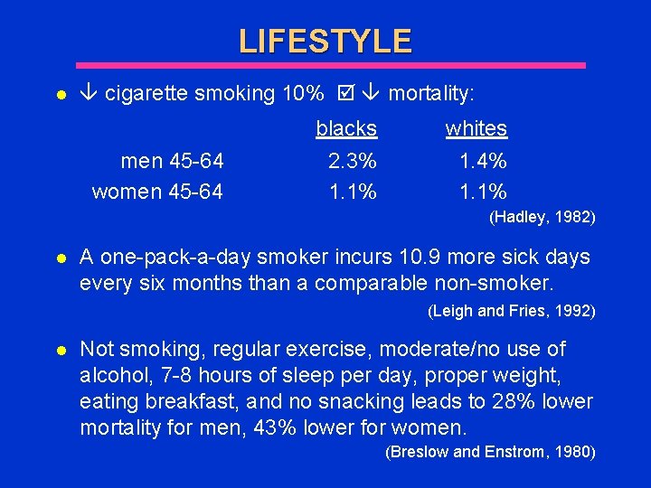 LIFESTYLE l cigarette smoking 10% mortality: men 45 -64 women 45 -64 blacks 2.