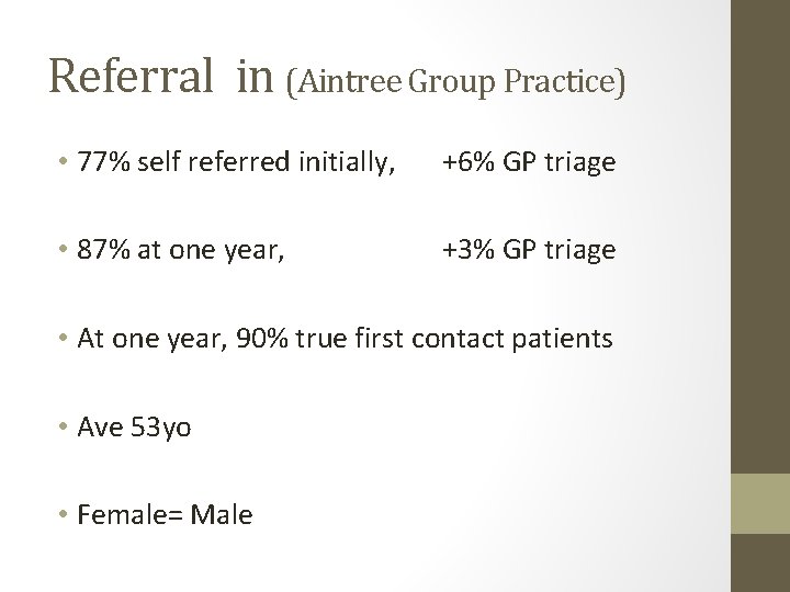 Referral in (Aintree Group Practice) • 77% self referred initially, +6% GP triage • Referral in (Aintree Group Practice) • 77% self referred initially, +6% GP triage •
