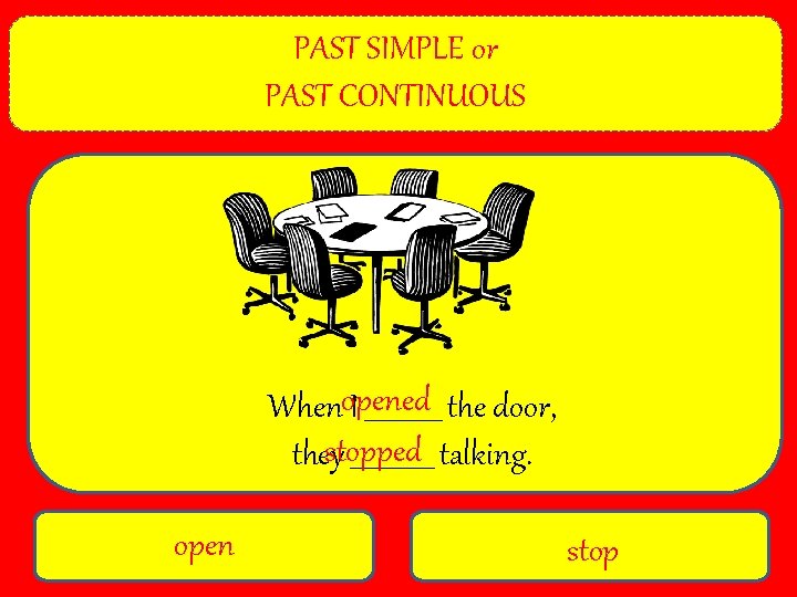 PAST SIMPLE or PAST CONTINUOUS Whenopened I ______ the door, theystopped _______ talking. open