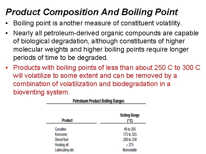 Product Composition And Boiling Point • Boiling point is another measure of constituent volatility.