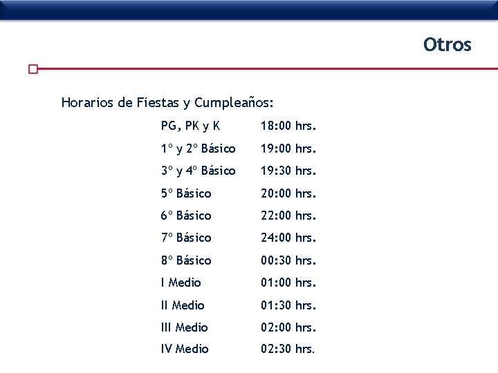 Otros Horarios de Fiestas y Cumpleaños: PG, PK y K 18: 00 hrs. 1º