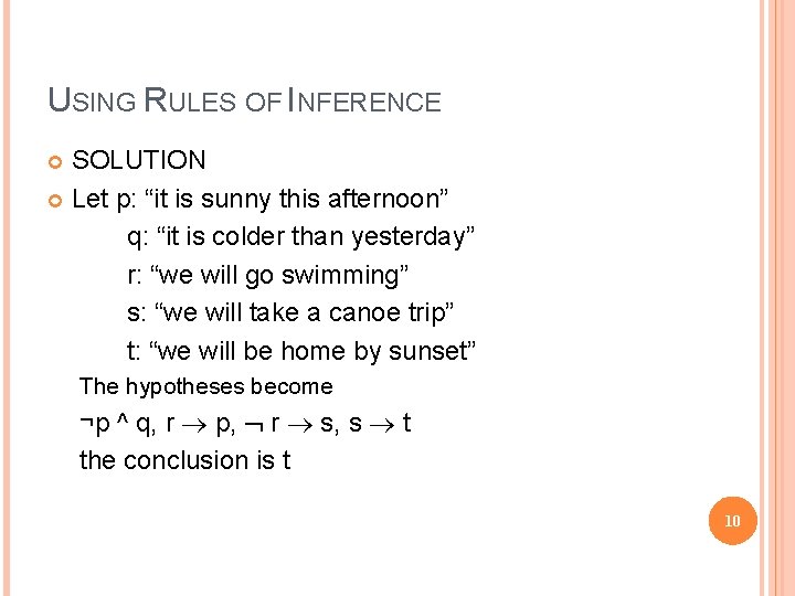 USING RULES OF INFERENCE SOLUTION Let p: “it is sunny this afternoon” q: “it