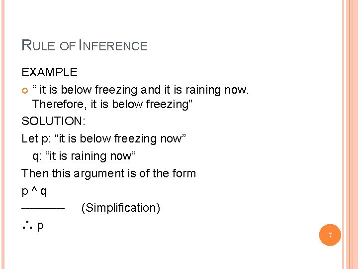 RULE OF INFERENCE EXAMPLE “ it is below freezing and it is raining now.