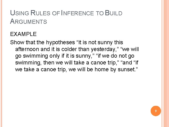 USING RULES OF INFERENCE TO BUILD ARGUMENTS EXAMPLE Show that the hypotheses “it is