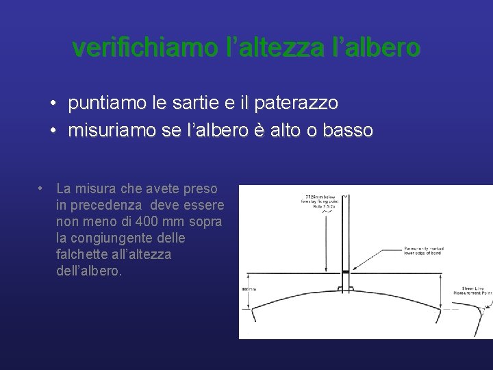 verifichiamo l’altezza l’albero • • puntiamo le sartie e il paterazzo misuriamo se l’albero