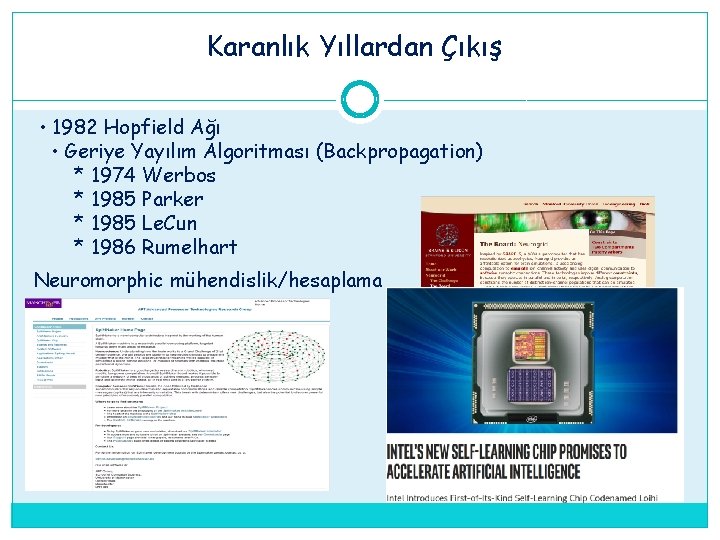 Karanlık Yıllardan Çıkış • 1982 Hopfield Ağı • Geriye Yayılım Algoritması (Backpropagation) * 1974 Karanlık Yıllardan Çıkış • 1982 Hopfield Ağı • Geriye Yayılım Algoritması (Backpropagation) * 1974