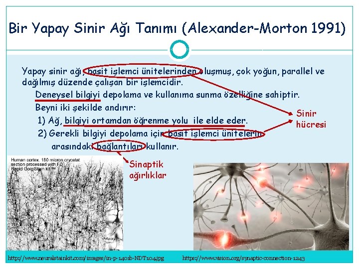 Bir Yapay Sinir Ağı Tanımı (Alexander-Morton 1991) Yapay sinir ağı, basit işlemci ünitelerinden oluşmuş, Bir Yapay Sinir Ağı Tanımı (Alexander-Morton 1991) Yapay sinir ağı, basit işlemci ünitelerinden oluşmuş,