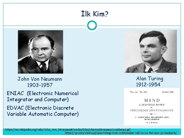 İlk Kim? John Von Neumann 1903 -1957 Alan Turing 1912 -1954 ENIAC (Electronic Numerical İlk Kim? John Von Neumann 1903 -1957 Alan Turing 1912 -1954 ENIAC (Electronic Numerical