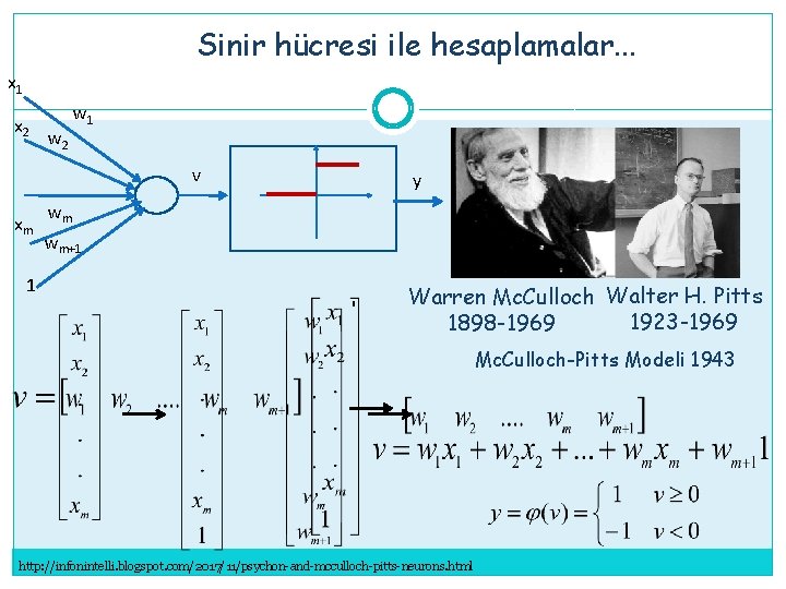 Sinir hücresi ile hesaplamalar. . . x 1 x 2 w 1 v xm Sinir hücresi ile hesaplamalar. . . x 1 x 2 w 1 v xm