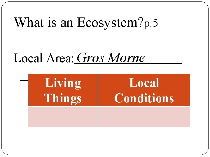 What is an Ecosystem? p. 5 Local Area: Gros Morne Living Things Local Conditions