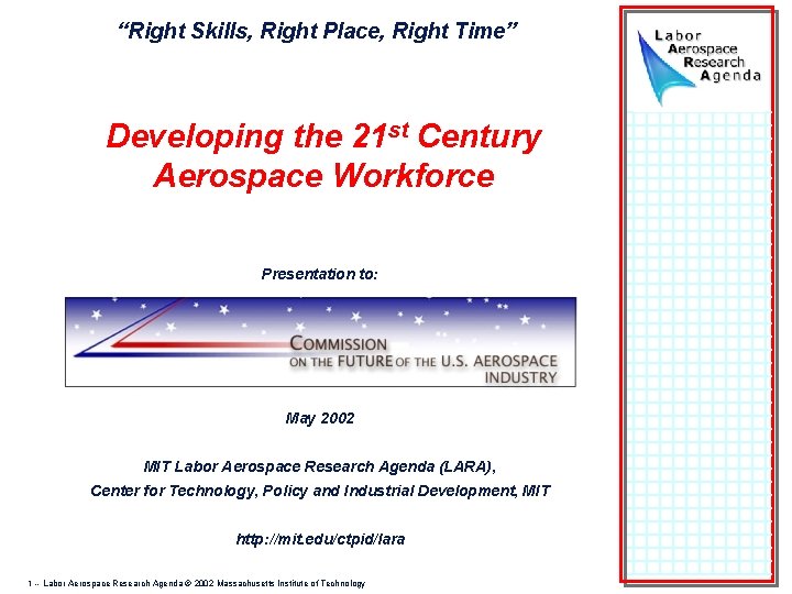 “Right Skills, Right Place, Right Time” Developing the 21 st Century Aerospace Workforce Presentation