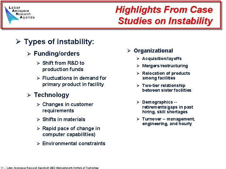 Highlights From Case Studies on Instability Ø Types of instability: Ø Funding/orders Ø Shift