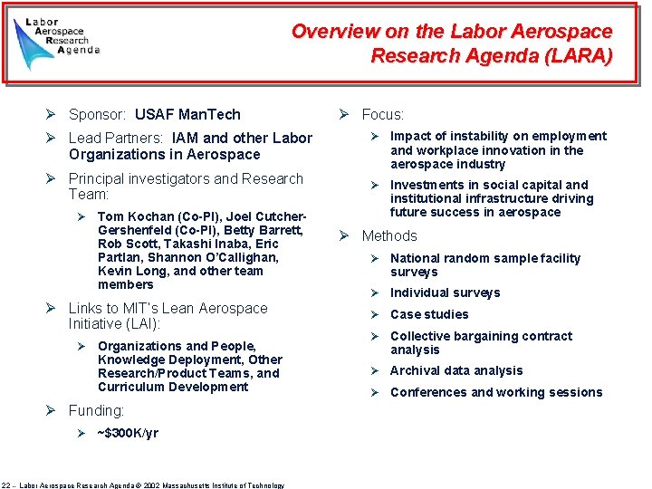 Overview on the Labor Aerospace Research Agenda (LARA) Ø Sponsor: USAF Man. Tech Ø