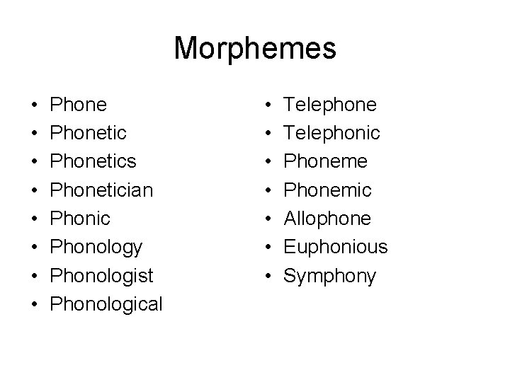 Morphemes • • Phonetics Phonetician Phonic Phonology Phonologist Phonological • • Telephone Telephonic Phoneme