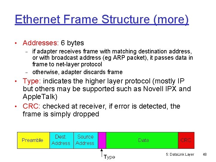 Ethernet Frame Structure (more) • Addresses: 6 bytes if adapter receives frame with matching