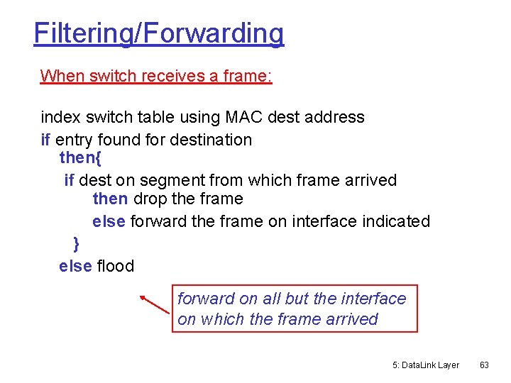 Filtering/Forwarding When switch receives a frame: index switch table using MAC dest address if