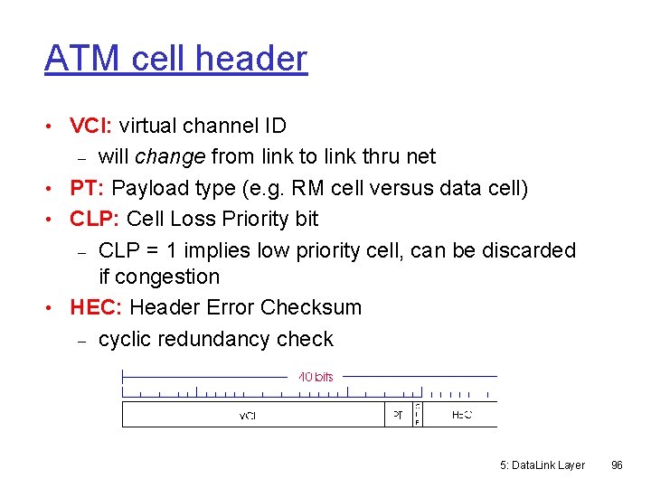 ATM cell header • VCI: virtual channel ID will change from link to link