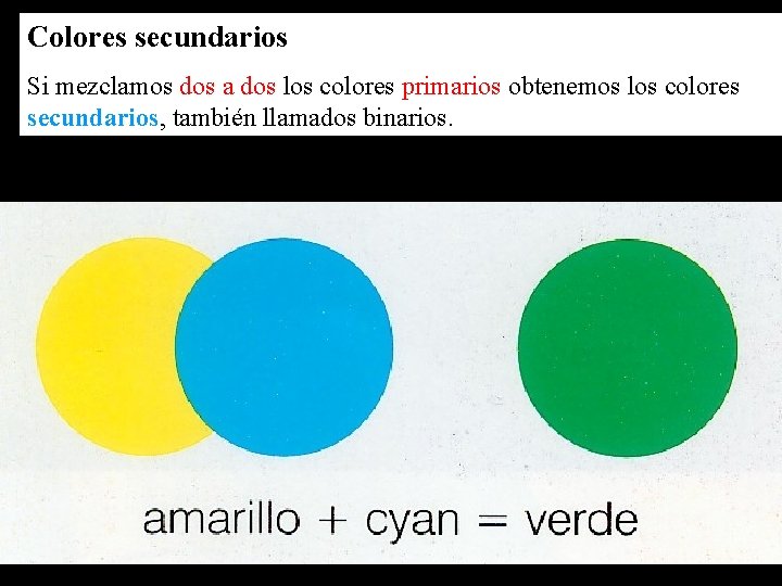 Colores secundarios Si mezclamos dos a dos los colores primarios obtenemos los colores secundarios,