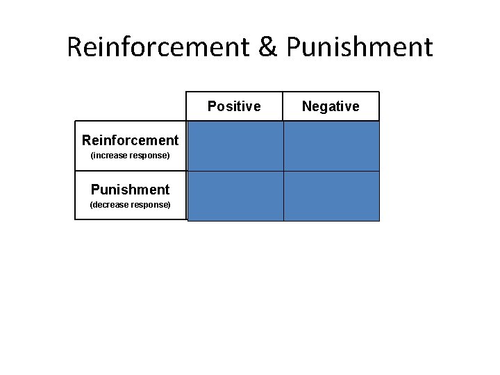 Reinforcement & Punishment Reinforcement (increase response) Punishment (decrease response) Positive Negative Add good Remove