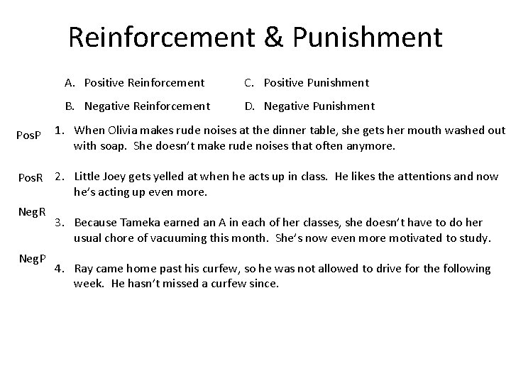 Reinforcement & Punishment Pos. P A. Positive Reinforcement C. Positive Punishment B. Negative Reinforcement