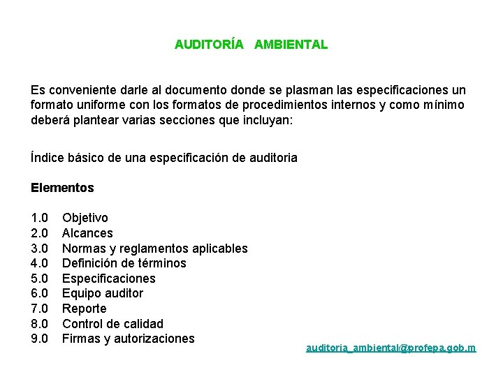 AUDITORÍA AMBIENTAL Es conveniente darle al documento donde se plasman las especificaciones un formato