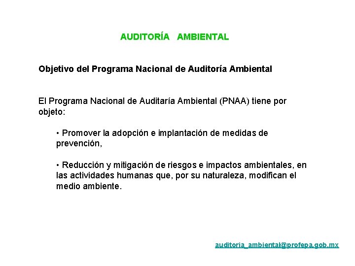 AUDITORÍA AMBIENTAL Objetivo del Programa Nacional de Auditoría Ambiental El Programa Nacional de Auditaría