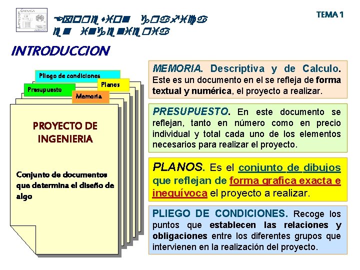 Expresion grafica en ingenieria TEMA 1 INTRODUCCION MEMORIA. Descriptiva y de Calculo. Pliego de