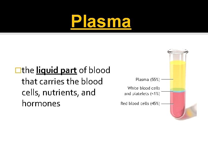 Plasma �the liquid part of blood that carries the blood cells, nutrients, and hormones